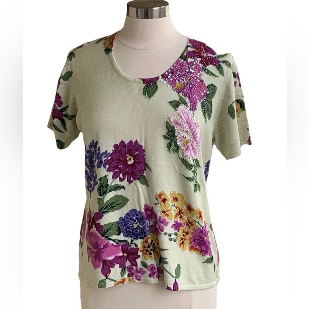 Michelle Nicole Beaded Floral Sweater L Sleeve Light Green Romantic Whimsical